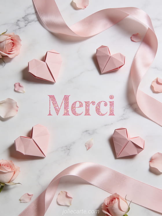 Coeurs en origami disposés sur une surface en marbre blanc avec des pétales de rose et des rubans de satin rose, style illustration tendre