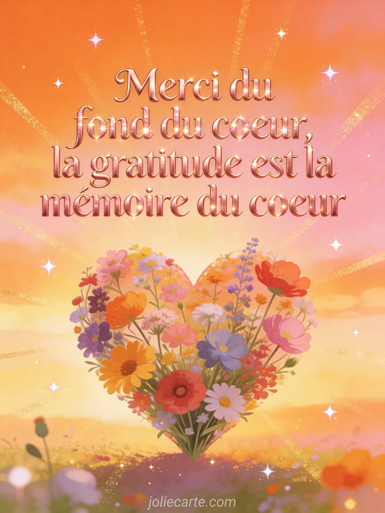 Grand coeur composé de fleurs sauvages colorées sur fond de coucher de soleil orangé et rose avec étoiles brillantes