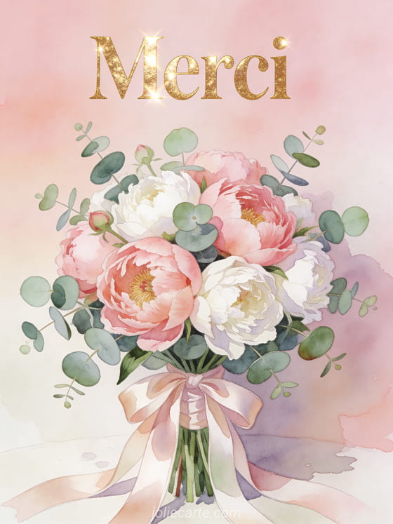 Bouquet de mariée avec pivoines roses et blanches entourées d'eucalyptus et ruban de satin avec le texte Merci