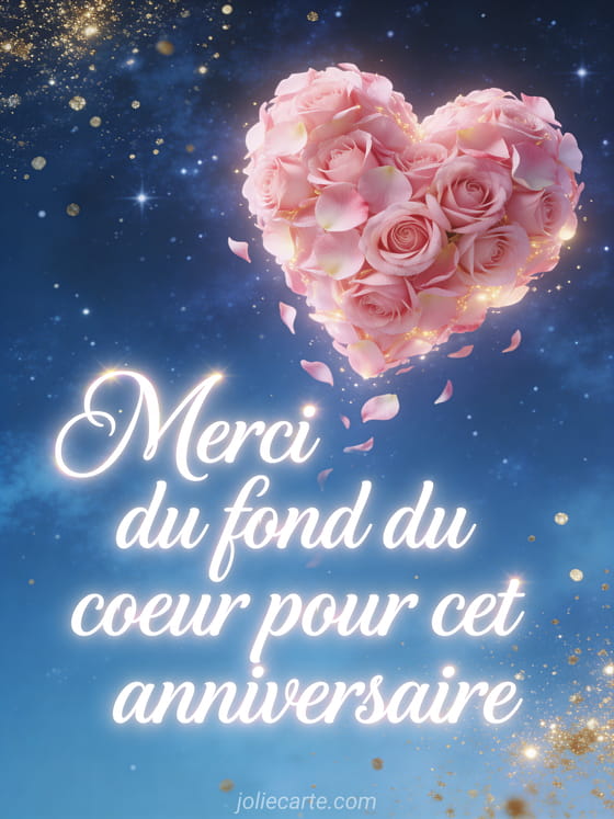 Grand coeur rose fait de pétales de roses flottant dans les airs sur fond bleu nuit étoilé avec particules dorées