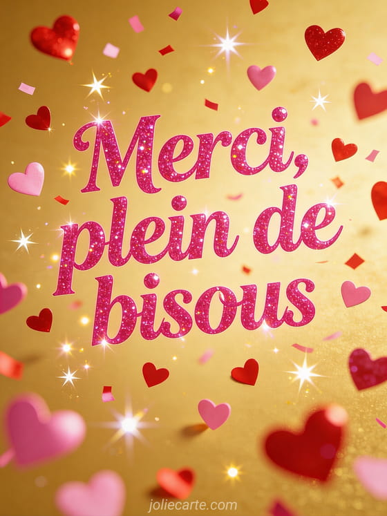 Texte Merci plein de bisous en lettres rose vif pailletées avec cœurs rouges et roses s'envolant sur fond doré