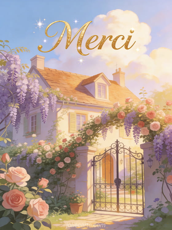 Cottage avec jardin fleuri de roses et glycine portail en fer forgé lumière chaude du soleil et ciel bleu avec nuages