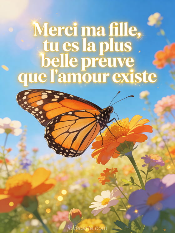 Grand papillon monarque aux ailes orange et noires posé sur un champ de fleurs sauvages colorées sous un ciel bleu intense