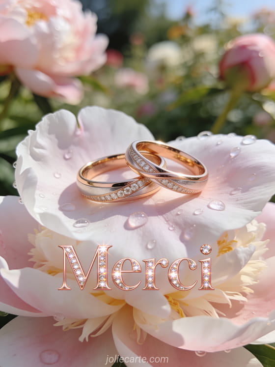 Gros plan sur des alliances entrelacées posées sur un pétale de pivoine blanche, gouttes de rosée, fond flou de jardin fleuri au matin, lumière nacrée, style illustration