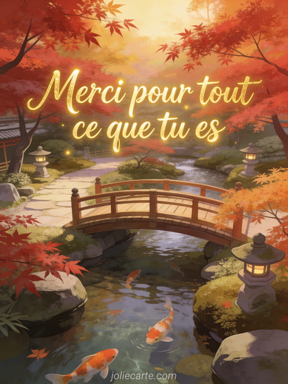 Petit pont en bois au-dessus d'un ruisseau dans un jardin japonais avec érables rouges, carpes koï et lanternes en pierre