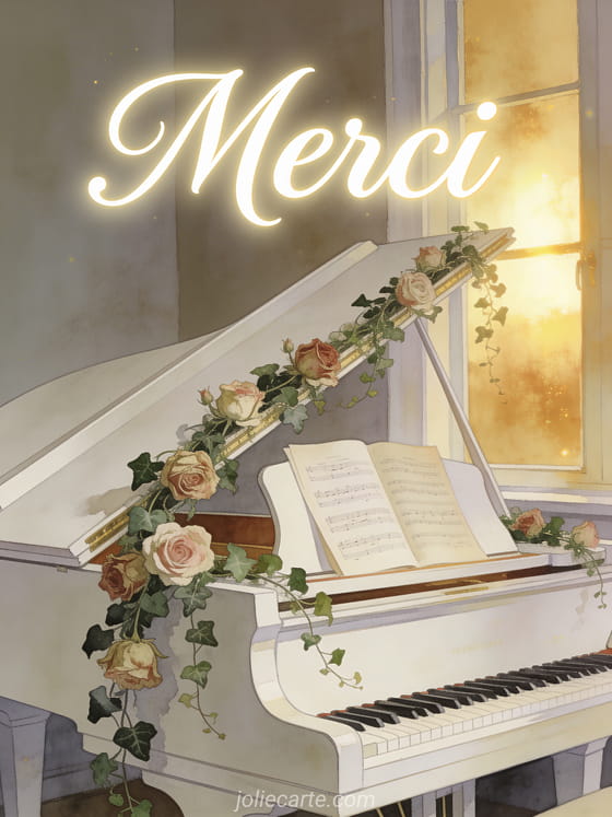 Piano à queue blanc décoré de guirlandes de roses anciennes et lierre avec partitions musicales et lumière dorée