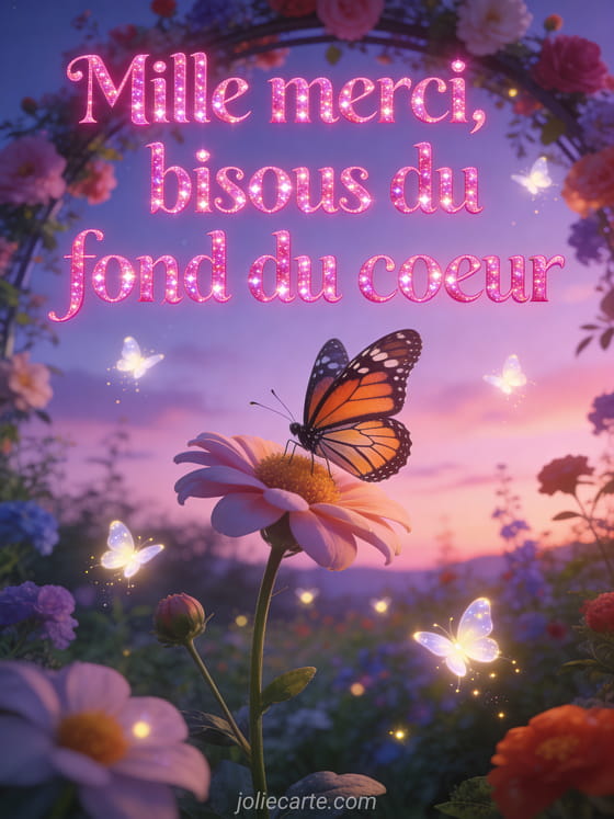 Papillon monarque posé sur une fleur dans un jardin enchanté, lucioles lumineuses, arche de fleurs, ciel crépusculaire violet et rose, style illustration féerique