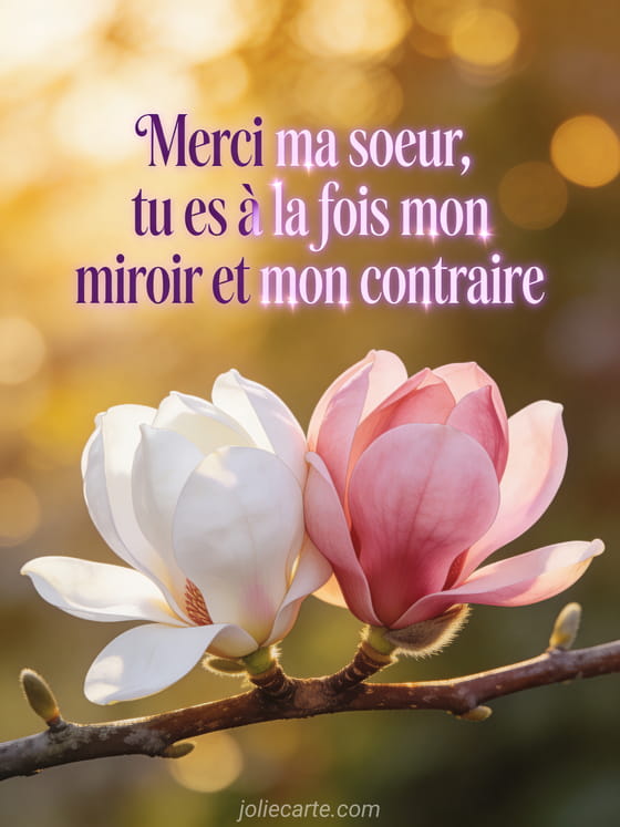 Deux magnolias entrelacées sur une branche, l'une blanche l'autre rose, avec lumière douce de fin d'après-midi