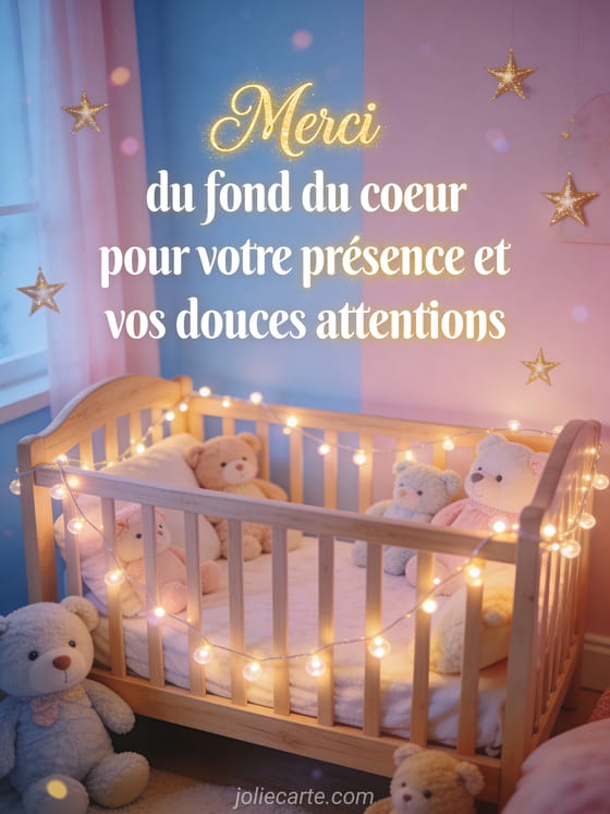 Petit berceau en bois entouré de peluches et guirlandes lumineuses dans une chambre pastel rose et bleu