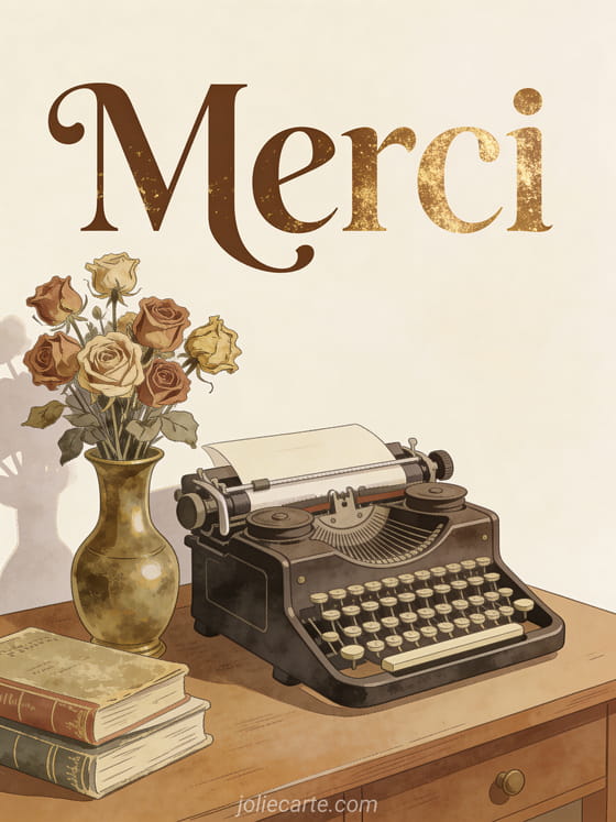 Machine à écrire ancienne sur bureau en bois avec bouquet de roses séchées dans un vase en laiton et vieux livres empilés