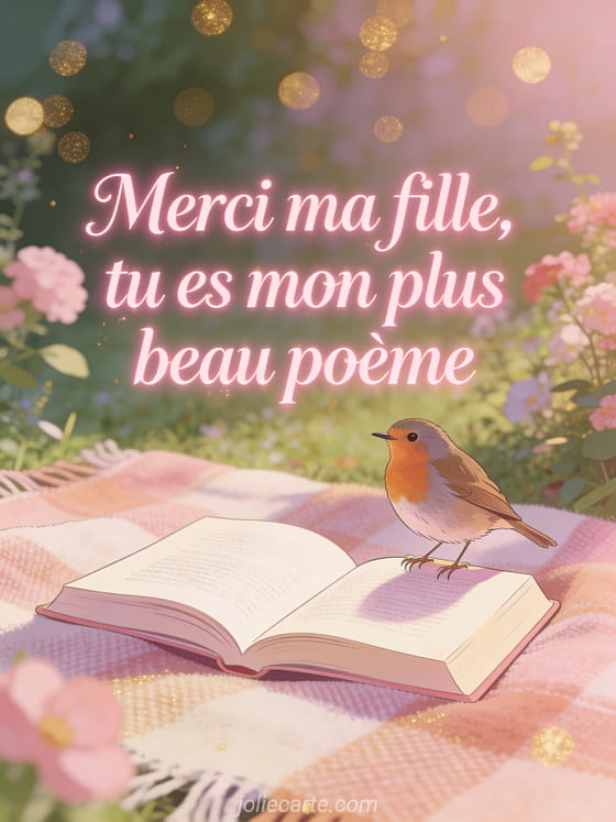 Livre ouvert posé sur un plaid dans un jardin avec un oiseau rouge-gorge posé sur le bord, lumière douce et bokeh rose et doré