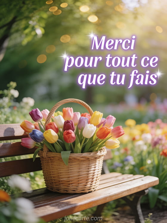 Panier d'osier rempli de tulipes multicolores posé sur un banc en bois dans un parc fleuri avec lumière filtrée