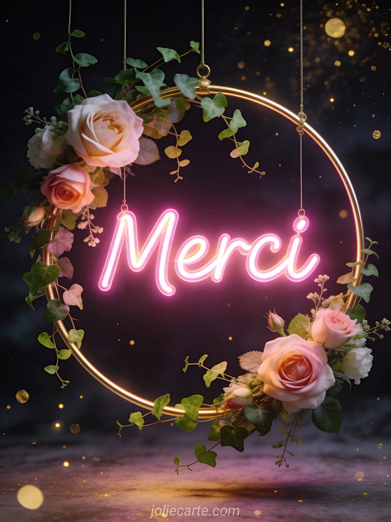 Composition florale suspendue dans un cercle doré avec des roses anglaises et du lierre, fond sombre avec particules lumineuses, texte Merci en néon rose