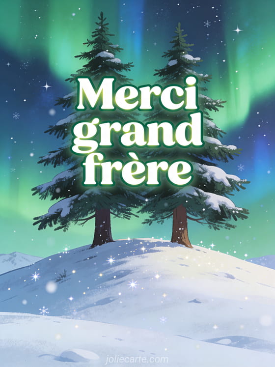 Deux grands sapins côte à côte au sommet d'une colline sous un ciel étoilé, aurore boréale verte et bleue, neige scintillante au sol, ambiance majestueuse