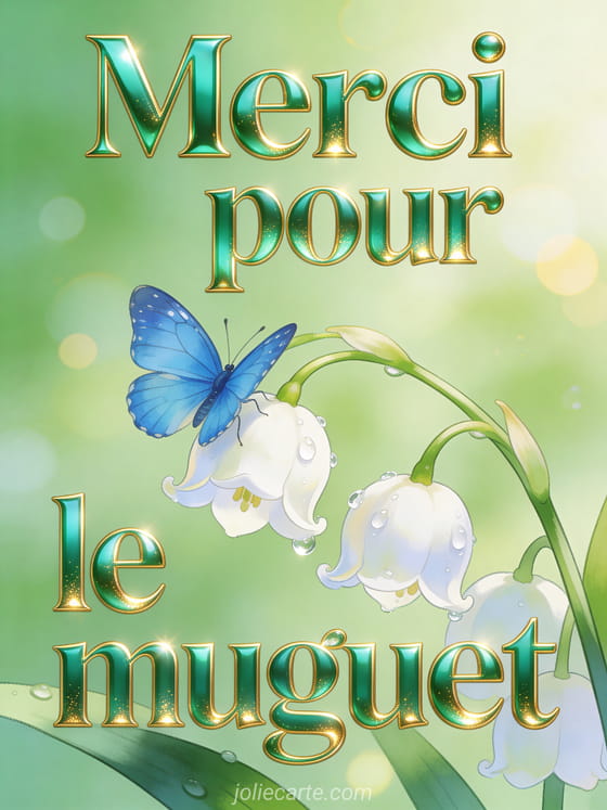 Papillon bleu posé sur une clochette de muguet avec gouttes de rosée sur les pétales et fond vert avec bokeh lumineux