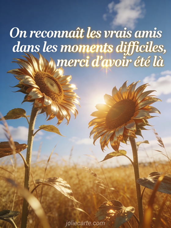 Deux tournesols lumineux tournés vers le soleil dans un champ doré sous un ciel bleu avec quelques nuages blancs