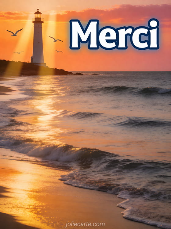 Phare au bord de l'océan au coucher du soleil avec vagues calmes ciel orangé et rose et mouettes en vol