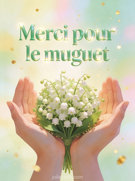 Bouquet rond de muguet dans des mains tendues avec fond lumineux pastel et particules dorées dans l'air