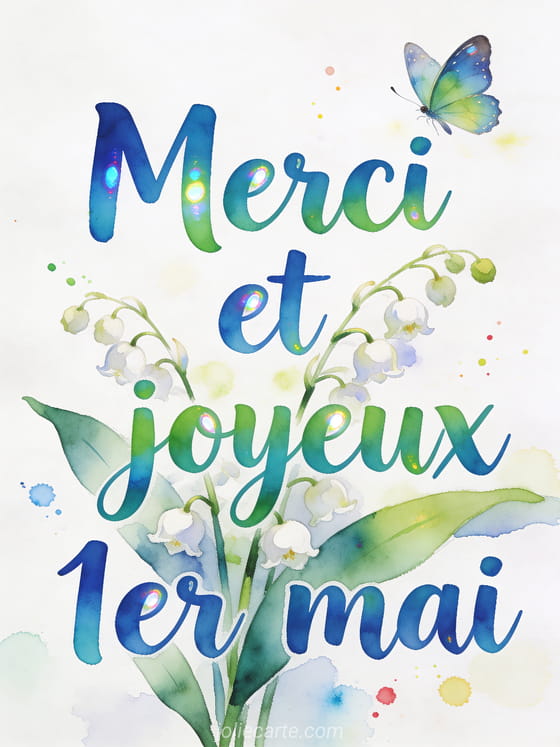 Composition aquarelle de muguet avec touches de couleur vive, papillon en vol, fond papier aquarelle blanc avec éclaboussures colorées, style aquarelle spontanée