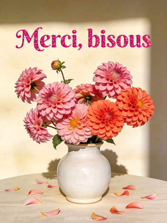 Dahlias roses et corail dans un vase en céramique blanche, fond crème doux, pétales épars sur la table, lumière naturelle, style photoréaliste