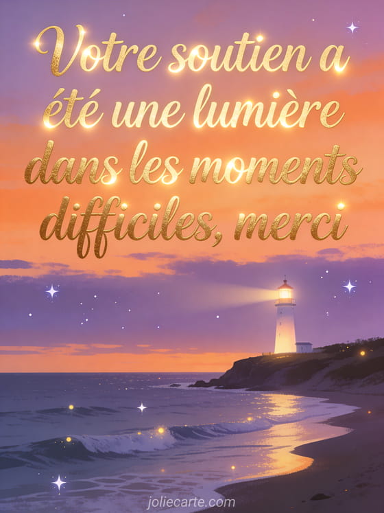 Phare illuminé sur une côte au crépuscule avec ciel orange et violet, vagues calmes et étoiles naissantes