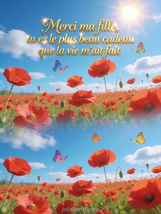 Champ de coquelicots rouges sous un grand ciel bleu avec soleil radieux et papillons colorés
