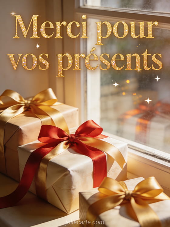 Cadeaux emballés avec rubans de satin rouge et doré près d'une fenêtre avec étoiles scintillantes flottantes