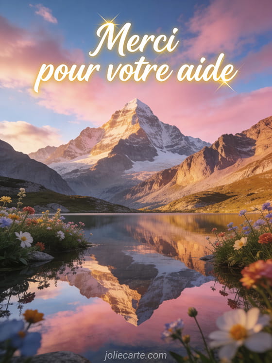 Paysage de montagne avec un lac miroir reflétant un ciel rose et bleu, fleurs alpines au bord de l'eau, lumière de golden hour