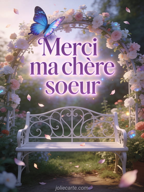 Papillon bleu morpho aux ailes iridescentes posé sur une arche de fleurs dans un jardin, banc en fer forgé blanc, pétales qui tombent doucement, style illustration