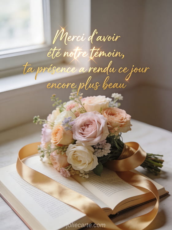 Bouquet élégant de fleurs pastel posé sur un livre ouvert avec ruban de satin doré en lumière naturelle de fenêtre avec