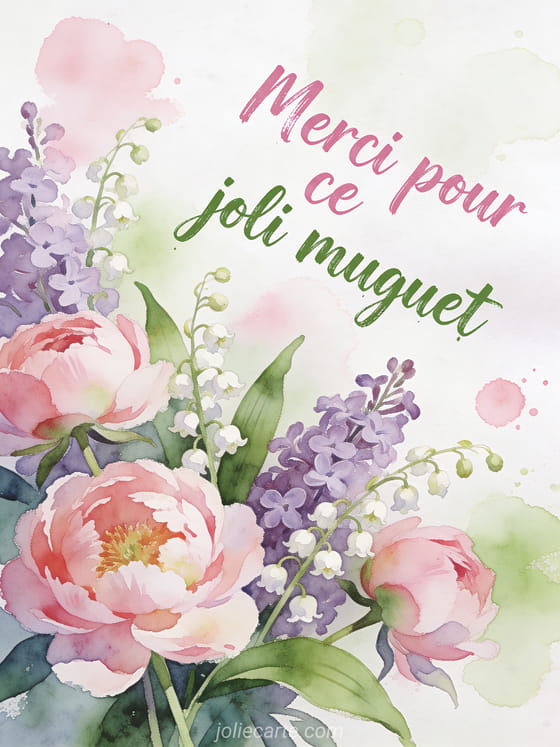 Composition aquarelle de fleurs de muguet mêlées de pivoines et lilas avec taches de couleur sur papier crème