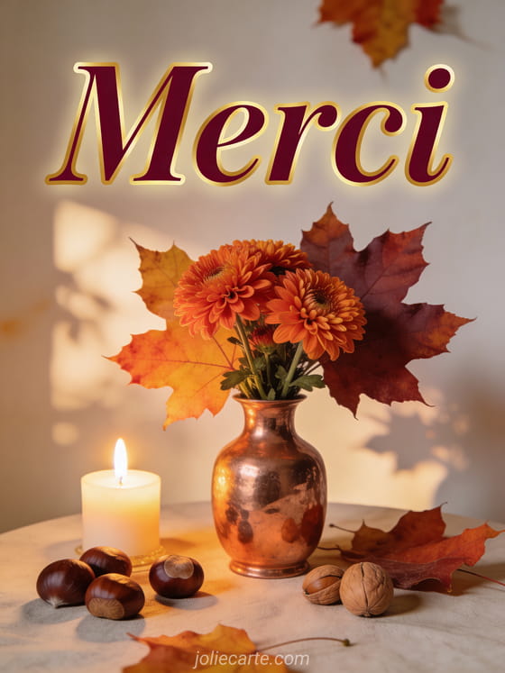 Chrysanthèmes orangés et feuilles d'érable dans un vase en cuivre avec châtaignes et lumière de bougie