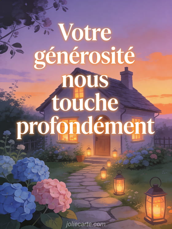 Cottage cosy avec fenêtres illuminées au crépuscule jardin fleuri d'hortensias bleus et roses et chemin de lanternes