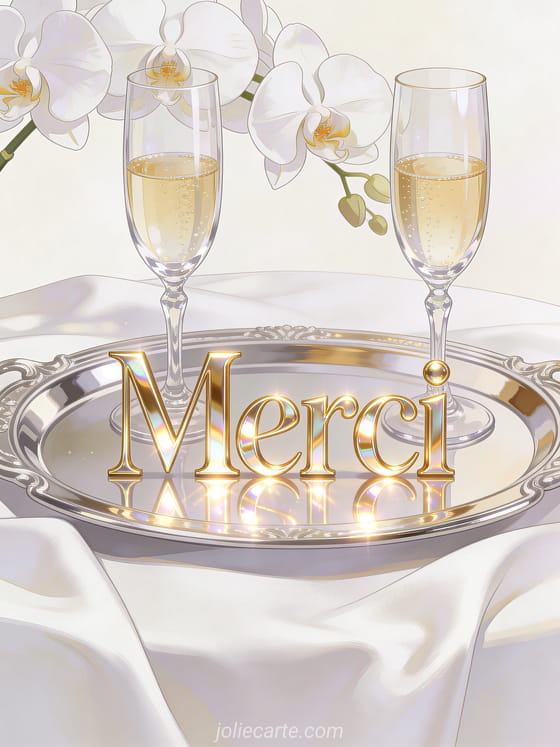 Flûtes de champagne en cristal sur plateau en argent avec nappe en satin blanc et orchidée blanche en arrière-plan