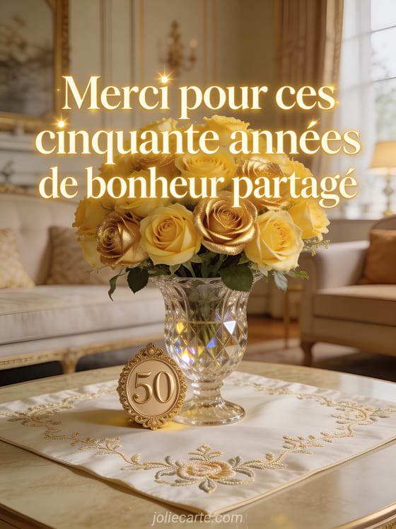 Grand bouquet de roses jaunes et or dans un vase en cristal sur nappe brodée, médaillon doré avec le chiffre 50, lumière chaude de salon, tons or et ivoire, style illustration