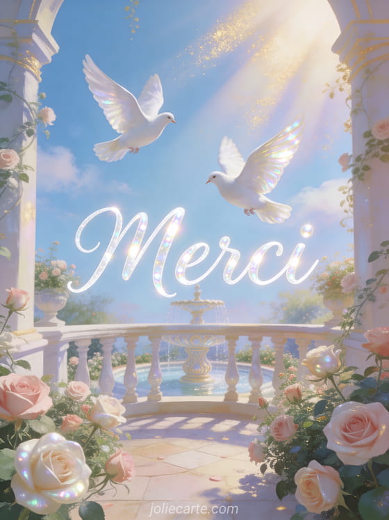 Deux colombes blanches en vol au-dessus d'un jardin de roses en terrasse avec une fontaine décorative et un ciel bleu pastel