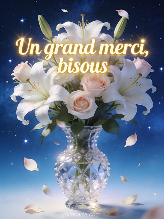 Grand bouquet de lys blancs et roses dans un vase en cristal, fond bleu nuit étoilé, lumière douce et magique, pétales flottants, style illustration élégante