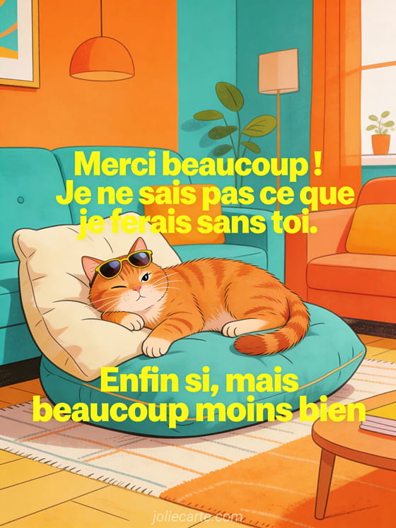 Chat roux avec des lunettes de soleil affalé sur un coussin géant faisant un clin d'oeil, décor de salon moderne coloré, style humoristique