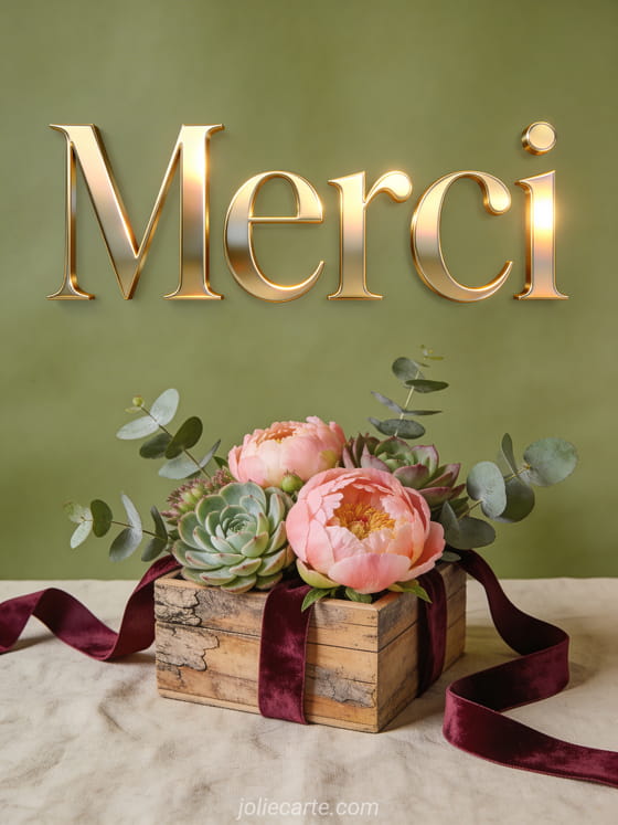 Succulentes et pivoines dans une boîte en bois rustique avec rubans de velours bordeaux et feuilles d'eucalyptus