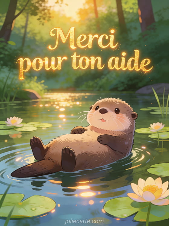 Loutre adorable flottant sur le dos dans une rivière calme avec nénuphars, lumière dorée de fin de journée