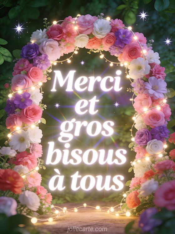 Grande arche de fleurs multicolores roses violettes et blanches avec guirlandes lumineuses et étoiles scintillantes