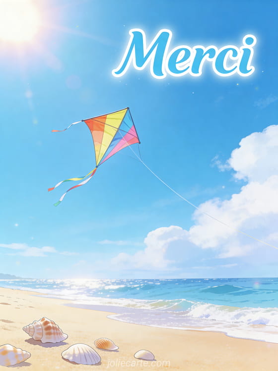 Cerf-volant coloré dans un grand ciel bleu au-dessus d'une plage de sable fin avec vagues et coquillages