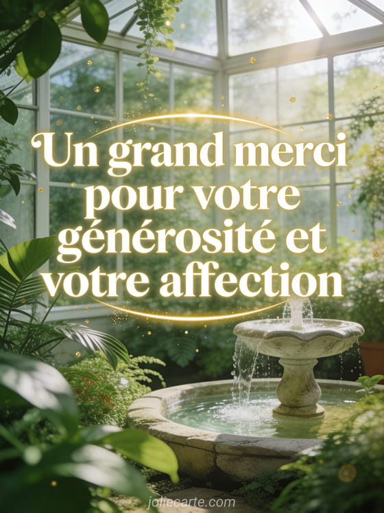 Jardin d'hiver avec verrière et plantes vertes luxuriantes avec petite fontaine et lumière du soleil filtrant à travers les vitres avec le texte Un grand merci