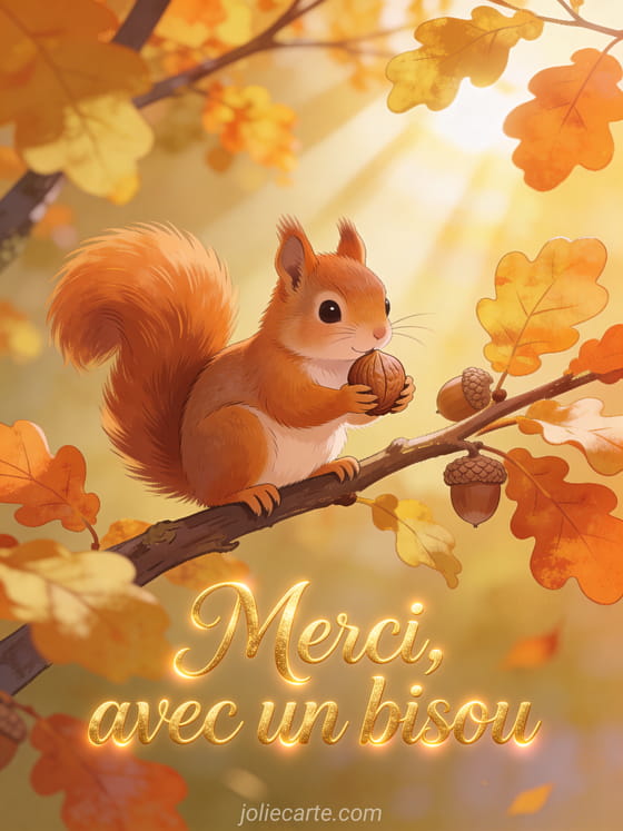 Petit écureuil roux tenant une noisette sur une branche de chêne avec des feuilles automnales dorées et orangées, lumière chaude