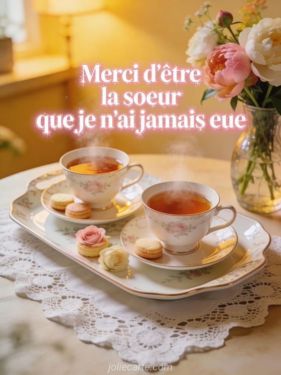 Deux tasses de thé fumantes sur plateau en porcelaine avec petits gâteaux, nappe en dentelle et fleurs fraîches