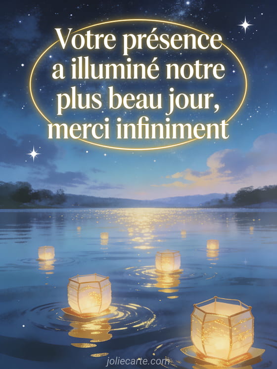 Ciel étoilé au-dessus d'un lac calme avec lanternes flottantes et reflets dorés sur l'eau