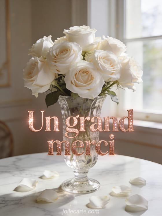 Roses blanches épanouies dans un vase en cristal sur table en marbre avec lumière naturelle douce de fenêtre