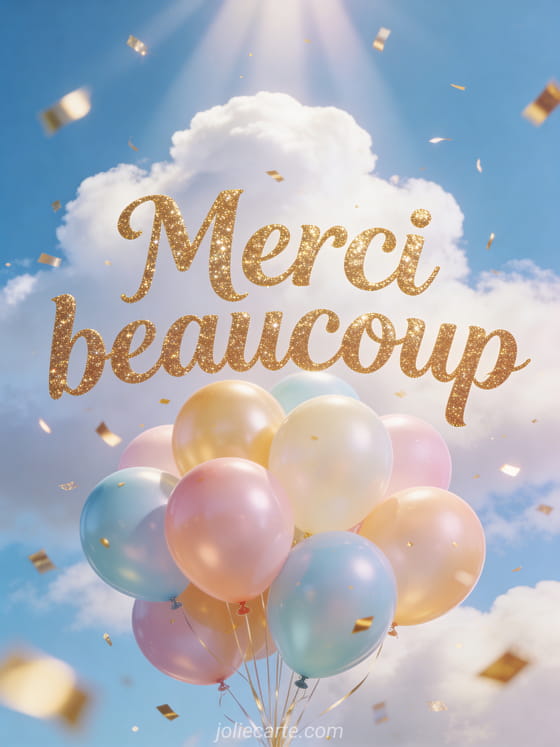 Bouquet de ballons colorés pastel flottant dans un ciel bleu avec nuages blancs cotonneux, confettis dorés qui volent, rayons de soleil, style illustration festive