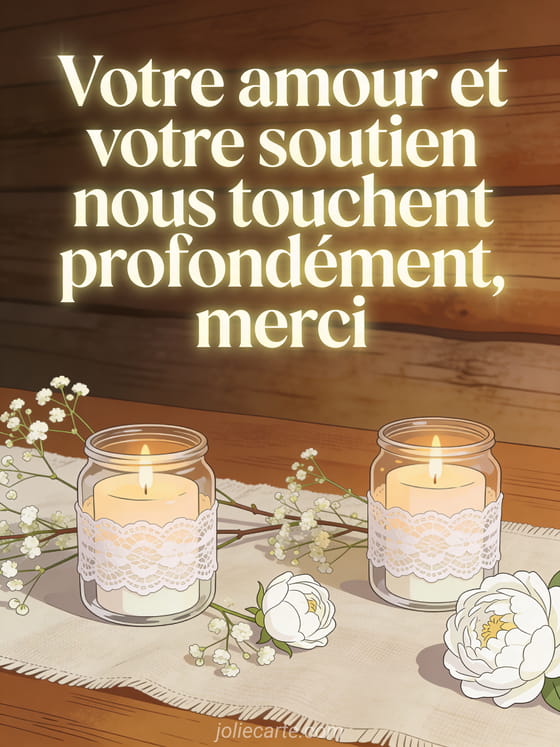Chemin de table en lin avec bougies dans des bocaux décorés de dentelle et branches de gypsophile avec pivoines blanches avec le texte Votre amour et votre soutien nous touchent