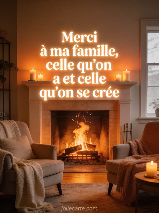 Grand feu de cheminée crépitant dans un salon chaleureux avec des fauteuils confortables, des plaids et des bougies allumées, lumière orangée